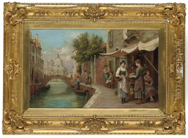 Fruit Sellers On A Venetian Backwater, Santa Maria Della Salute Beyond Oil Painting - Arthur Trevor Haddon