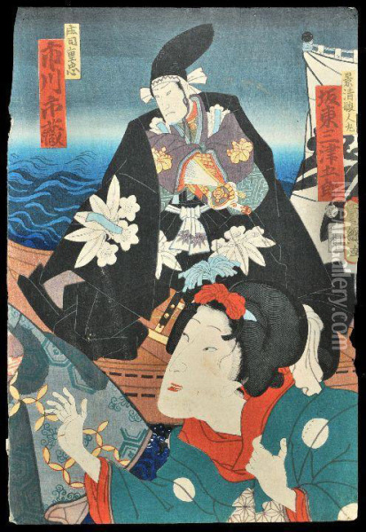 Diptych: Three Figures At Sea Oil Painting - Utagawa Kunitsuna