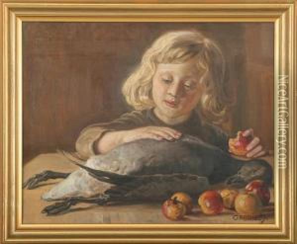 The Artists Son Caress A Duck Oil Painting - Gabriel Oluf Jensen