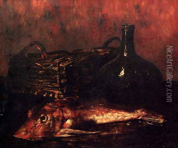 A Still Life With A Fish, A Bottle And A Wicker Basket Oil Painting - Antoine Vollon