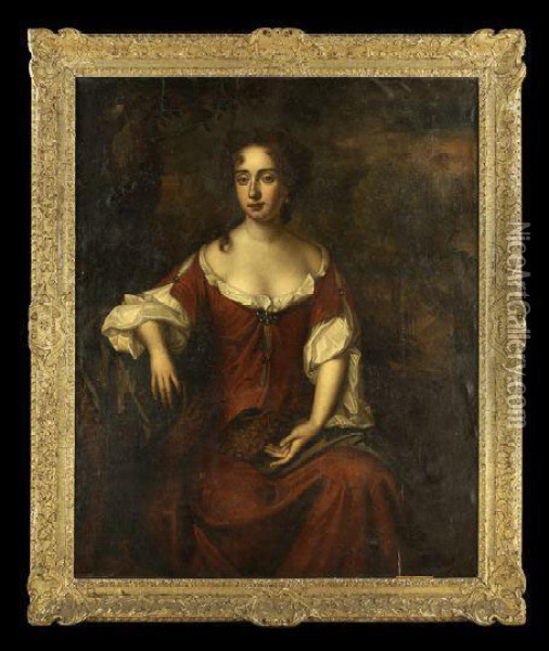 Portrait Of A Lady In A Burgundy Dress Oil Painting - Sir Godfrey Kneller