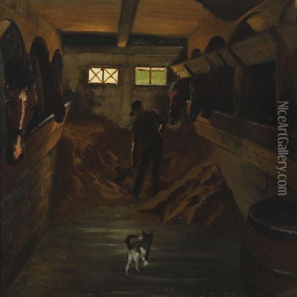 Stable Interior With Horses Getting Fodder Oil Painting - Vilhelm Theodor Fischer