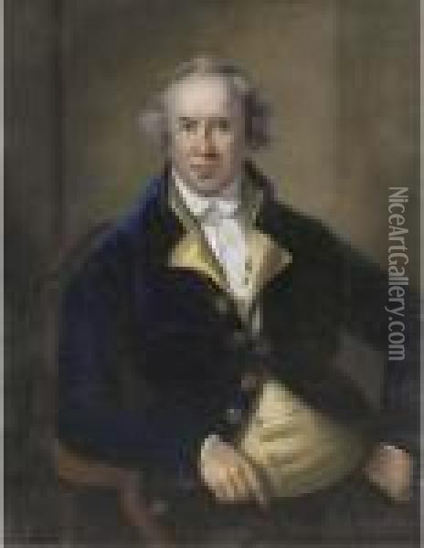 Portrait Of A Gentleman, 
Traditionally Identified As George Bruere,governor Of Bermuda, 
Three-quarter-length, Seated In A Blue Coatand Yellow Waistcoat Oil Painting - John Russell