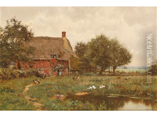 A Cottage Beside A Pond With Chickens And Ducks Oil Painting - Edward Wilkins Waite