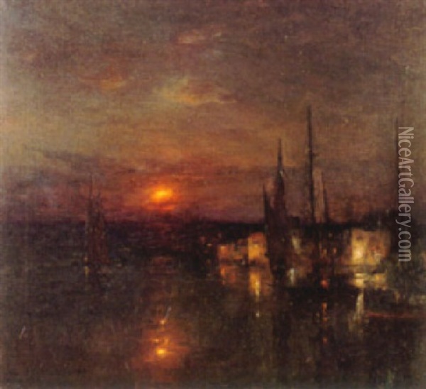 A Harbor Scene At Dusk Oil Painting - Luis Graner y Arrufi