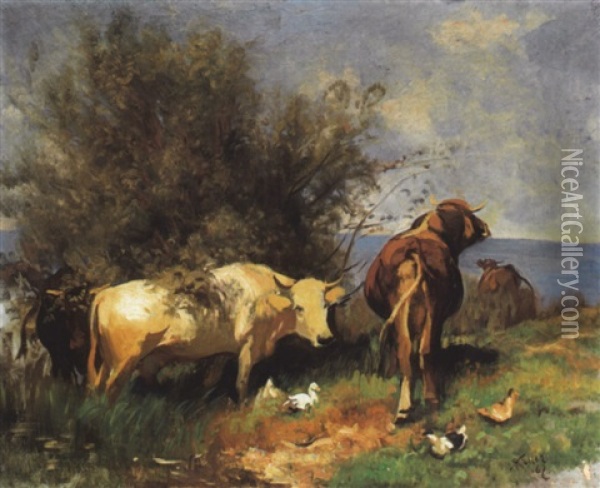 Vieh Bei Einem Weidenstrauch Oil Painting - Johann Rudolf Koller