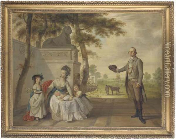 Portrait Of Benjamin Cole And 
His Family In A Garden, A Groom Holding A Bay Horse In The Background Oil Painting - John Downman