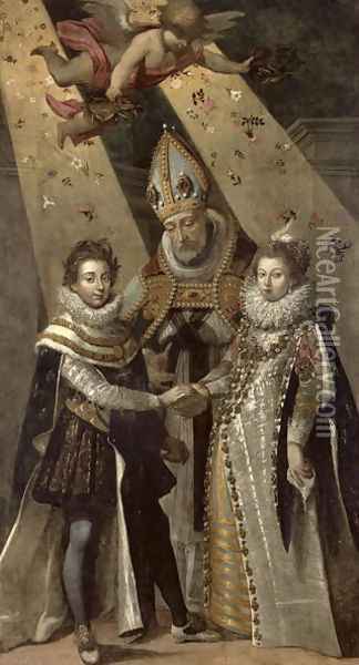 The Marriage of Louis XIII (1601-63) King of France and Navarre and Anne of Austria (1601-66) Infanta of Spain, in 1615 Oil Painting - Jean Chalette
