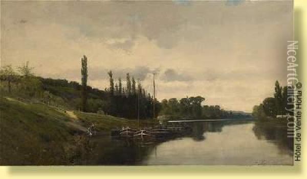 Peniches Dans Un Paysage Fluvial Oil Painting - Gustave Adelsward