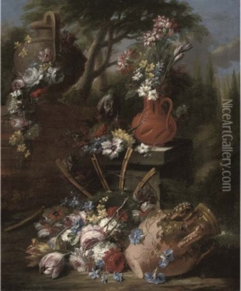 Carnations And Narcissi In An Earthenware Jug On A Stone Ledge With Roses, Convolvulus, Narcissi And Tulips On A Forest Floor By An Earthenware Urn And A Garland Of Flowers On A Stone Urn, A Wooded La Oil Painting - Gasparo Lopez