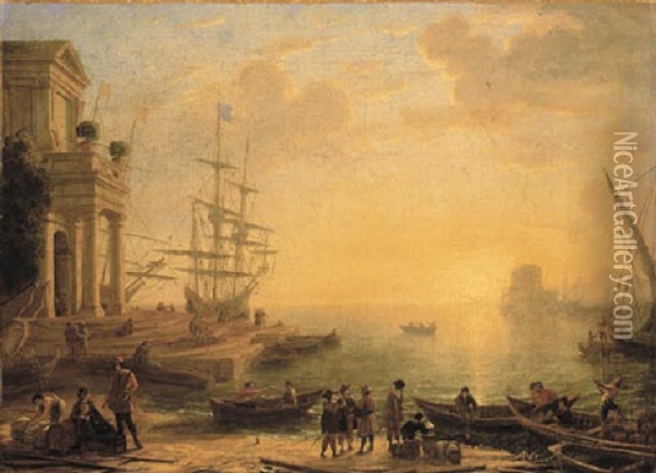 A Capriccio Of An Italianate Harbour At Sunset, With Merchants, Fishermen And Stevedores On The Shore, Men-o'-war At A Quay Beyond Oil Painting - Claude Lorrain