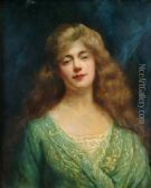 Portrait, Bust Length, Of A Lady Wearing A Gold Embrodered Green Robe Oil Painting - Carolus (Charles Auguste Emile) Duran