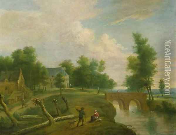 A traveller conversing with a peasant woman on a riverbank by a footbridge, farmhouses beyond Oil Painting - Marc Baets