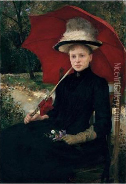 The Red Parasol Oil Painting - Imre, Emerich Knopp