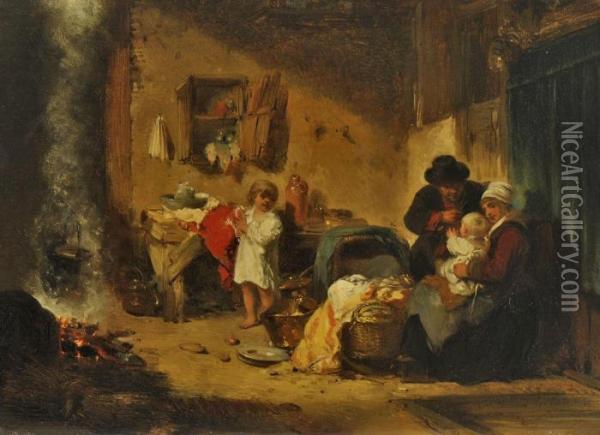 Interieur Mit Bauernpaar Und Zwei Kleinen Kindern Oil Painting - Herman Frederik Carel ten Kate