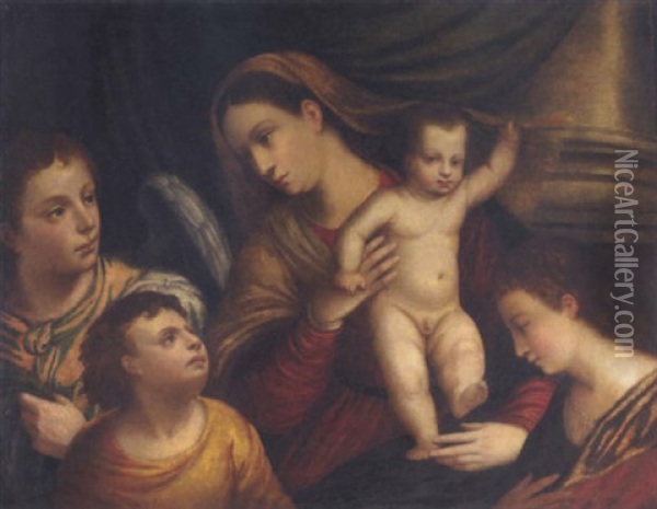 Maria Mit Jesus, Umgeben Von Einem Engel Und Zwei Kindern Oil Painting - Bonifazio de Pitati