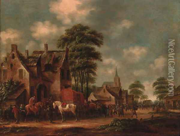 A coaching party halting in a village street Oil Painting - Thomas Heeremans