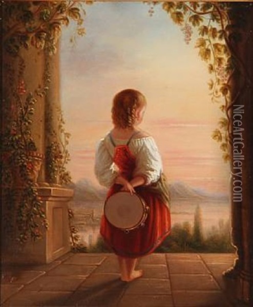 Back Turned Girl With A Tambourine Looking At The Sunset Oil Painting - Edvard Lehmann