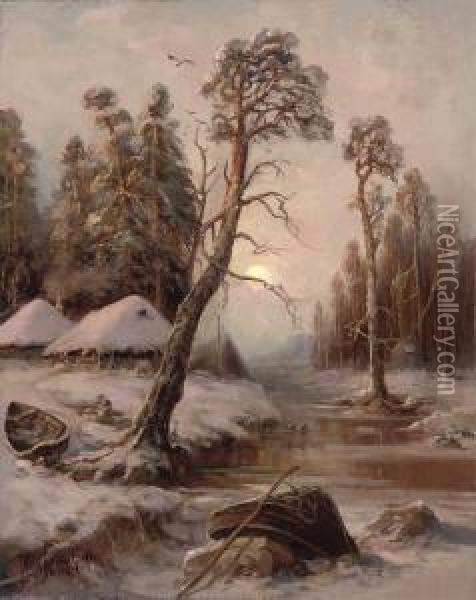 Winter Landscape With Lake Oil Painting - Iulii Iul'evich (Julius) Klever