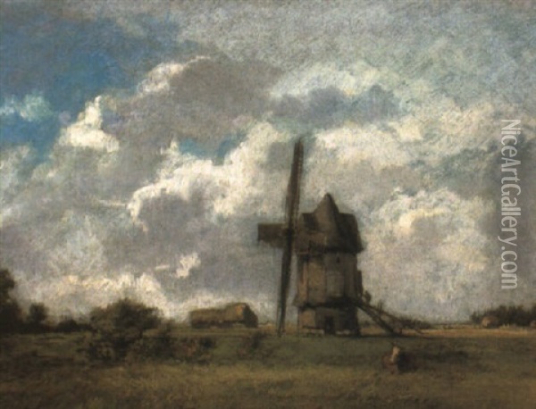 A Landscape With A Windmill Oil Painting - Jules Dupre