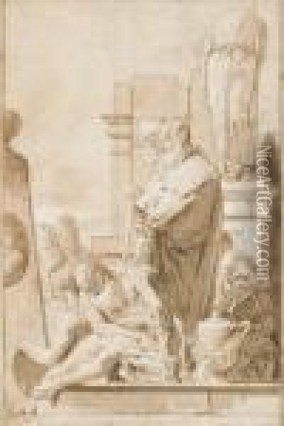 Des Hommes Assis Ou Debout, Certains En Costume Oriental, Devant Une Statue Sans Tete Oil Painting - Giovanni Battista Tiepolo