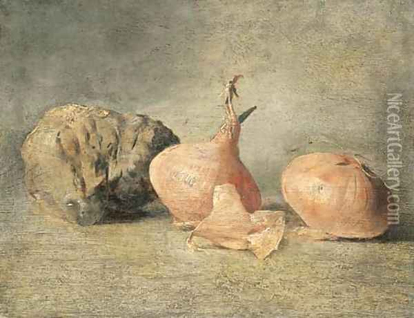Onions and a truffle Oil Painting - French School