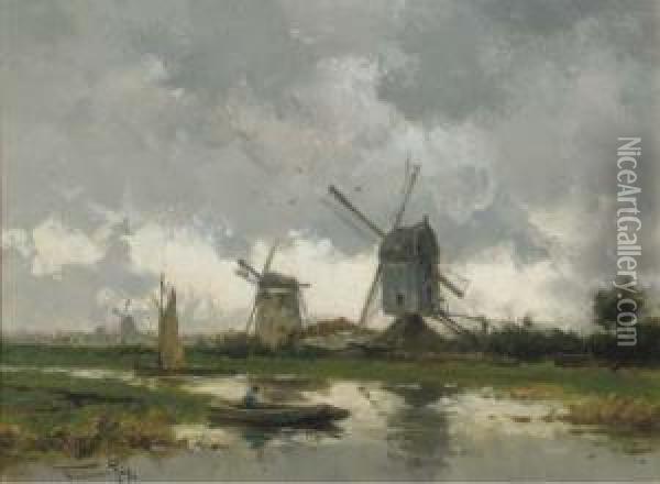 Molens Bij Gouda: A Landscape With Windmills Oil Painting - Willem Cornelis Rip