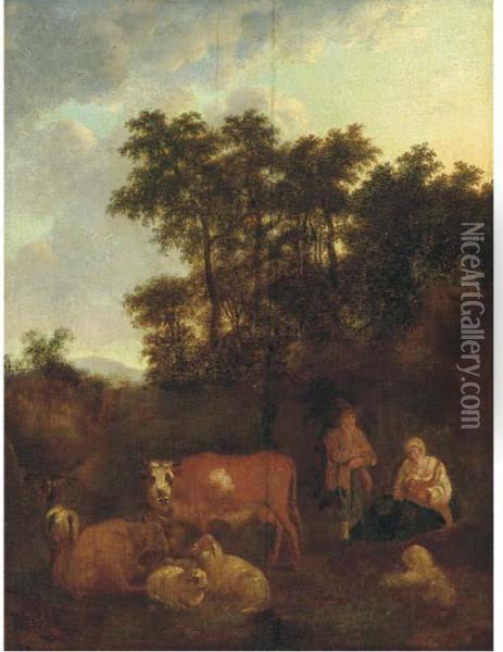 A Pastoral Landscape With A Shepherd At Rest With Cattle Andsheep Oil Painting - Adrian Van De Velde