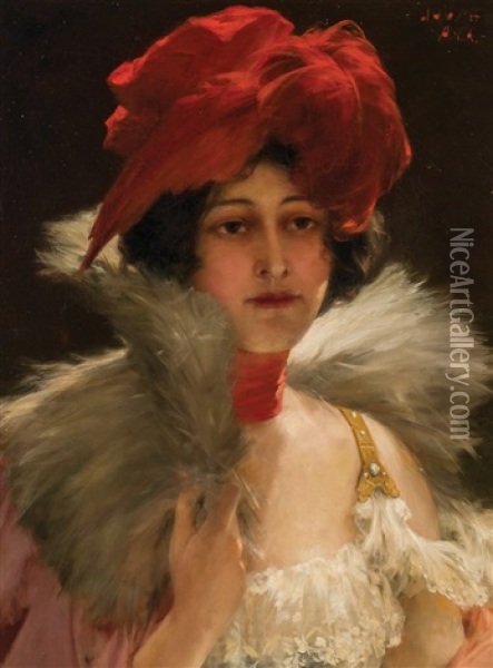 Portrait Of A Woman In A Feather Hat Oil Painting - John Henry Witt