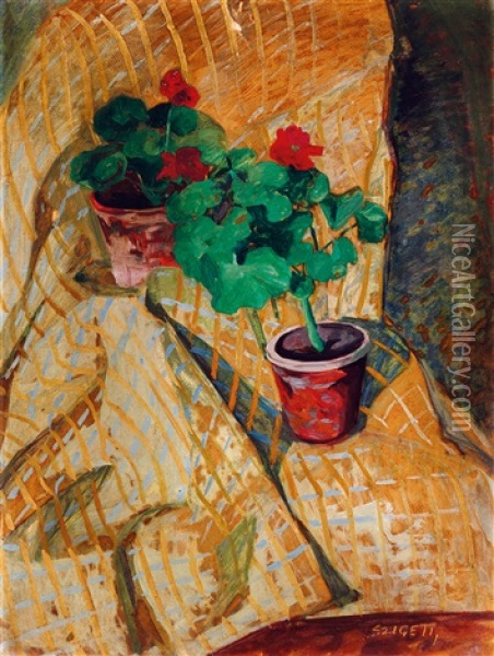 Still-life With Pelargonium Oil Painting - Jenoe Szigeti