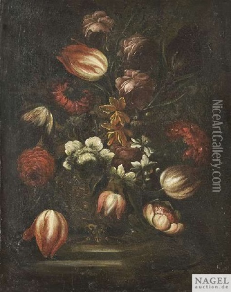 Zwei Blumenstilleben In Reliefierten Vasen Auf Steinpodesten (pair) Oil Painting - Francesco Mantovano