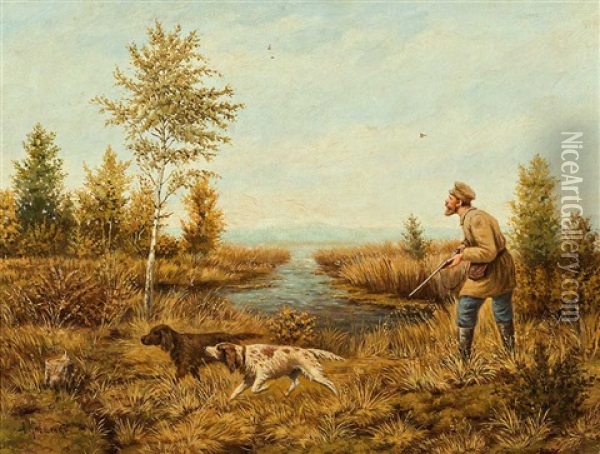 Jager Begleitet Von Zwei Hunden In Weiter Russischer Moorlandschaft Oil Painting - Aleksei Danilovich Kivshenko