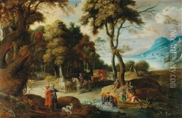 A Mountainous Landscape With The Baptism Of The Eunuch Oil Painting - Pieter van der Hulst