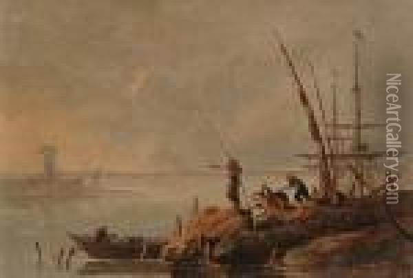 A Mediterranean Harbour At Sunset With Figures On The Shore Oil Painting - Jean-Baptiste Pillement
