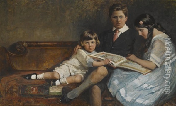 Three Children Reading Oil Painting - Mary Curtis Richardson