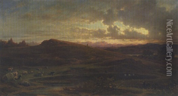 Gebirgslandschaft Bei Abendsonne Oil Painting - Heinrich Freiherr von Pechmann