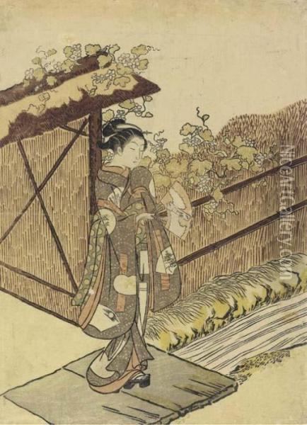 The Left Sheet Of A Diptych Parodying The Yugao Scene From The Tale Of Genji Oil Painting - Suzuki Harunobu
