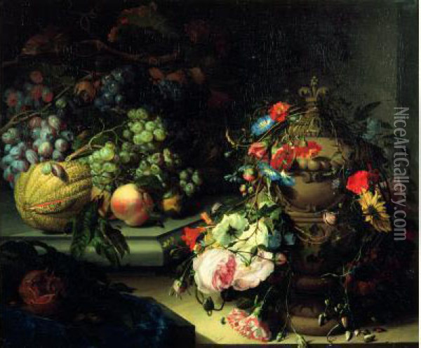 Nature Morte De Fruits Sur Un Entablement Avec Une Urne Ornee De Fleurs Oil Painting - Jacob van Walscapelle