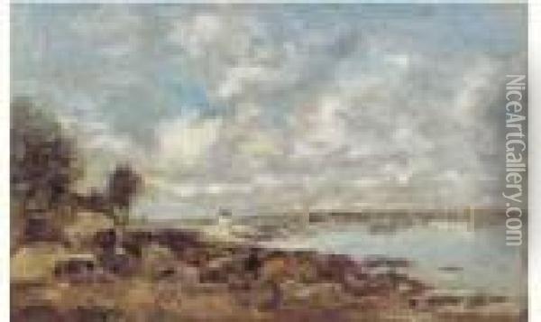 La Plage De Plougastel, 1870. Oil Painting - Eugene Boudin