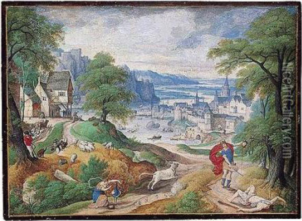 Mountainous River Landscape With
 Juno And The Peacock, And Mercury Holding The Head Of Argus In The 
Foreground, A Village And A Riverside Town Behind Oil Painting - Hans Bol