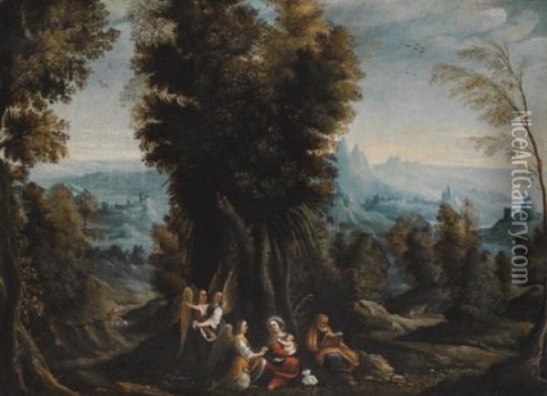A Landscape With John The Baptist Preaching In The Wilderness; A Landscape With The Rest On The Flight Into Egypt (pair) Oil Painting - Giovanni Andrea (il Mastelletta) Donducci