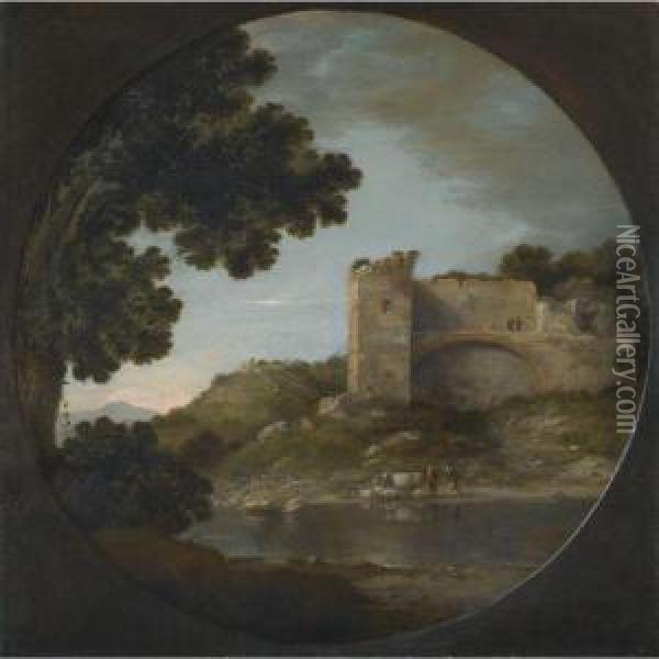 An Italianate River Landscape With Shepherds Oil Painting - Goffredo, Gottfried Wals