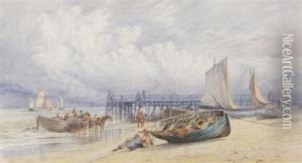 Boats Unloading - Yarmouth Beach Oil Painting - Charles Harmony Harrison