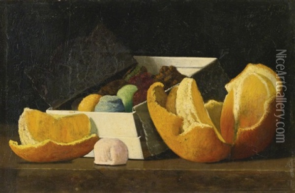 Still Life With Oranges And A Box Of Confections Oil Painting - John Frederick Peto