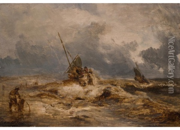 Fischkutter In Sturmischem Ufergewasser Oil Painting - Andreas Achenbach