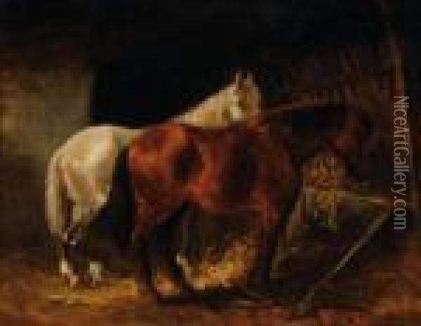 Two Horses In Astable Oil Painting - Wouterus Verschuur