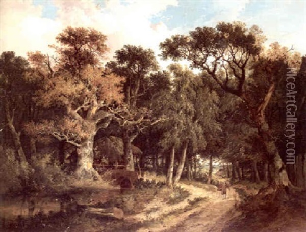 A Wooded Landscape With A Thatched Hut And A Figure On A Path In The Foreground Oil Painting - John Berney Ladbrooke