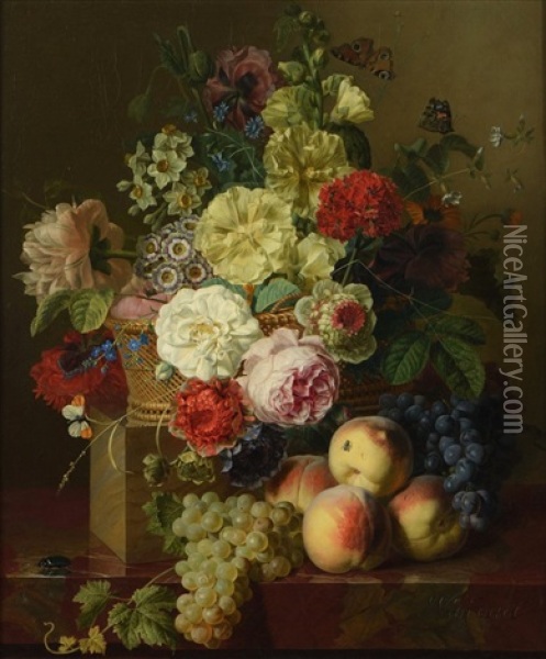 Corbeille De Fleurs, Raisins Et Peches Sur Un Entablement De Marbre Oil Painting - Jan Frans Van Dael