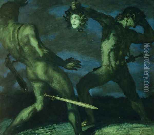 Perseus turns Phineus to stone by brandishing the head of Medusa, 1908 Oil Painting - Franz von Stuck