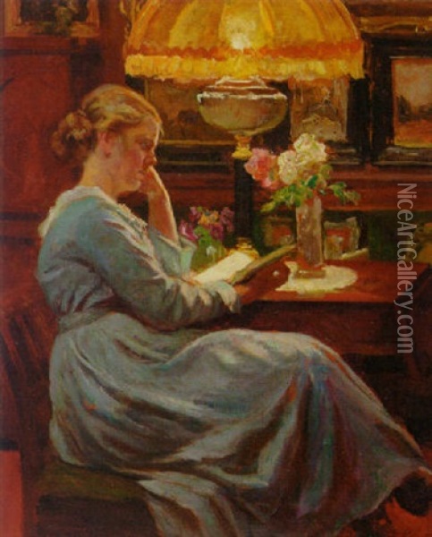 Reading By Lamplight Oil Painting - Viggo Pedersen